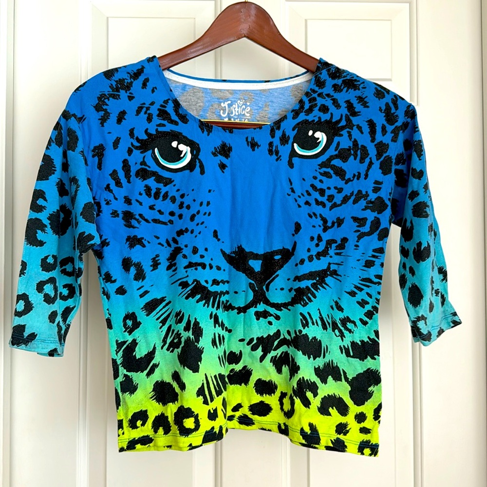 Justice Girls Top Size 14 Blue Black Multicolor Animal Print 3/4 Sleeves